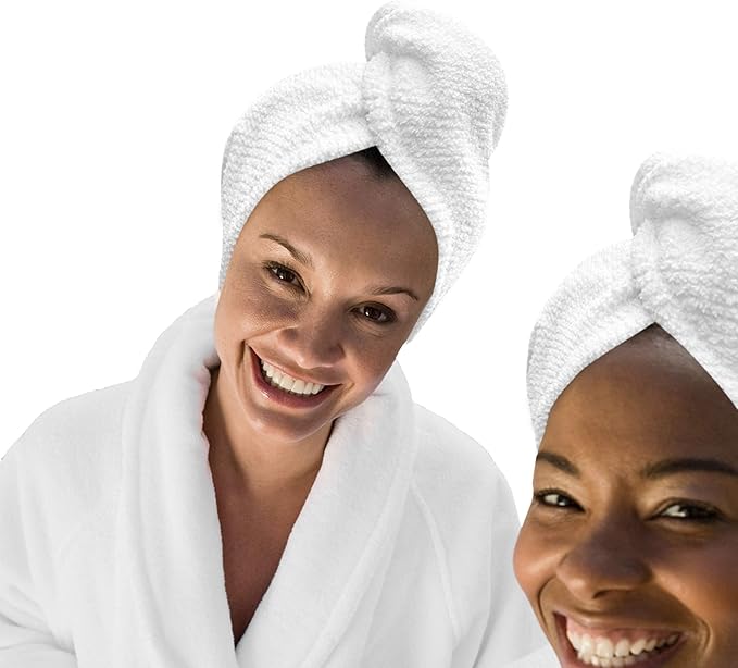 KEEPOZ Hair Towel Wrap Quick Dry 100% Cotton Super Absorbent Turban Head Wrap for Women with Button, Non Microfiber Anti Frizz Hair Cap for Curly, Long & Thick Hair (White Check, 2 Pcs)