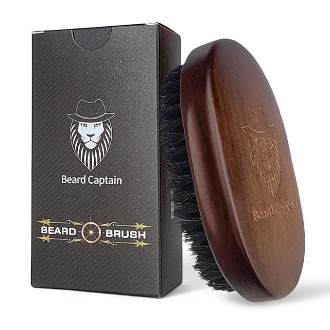 Beard Captain 100% Boar Bristle Beard Brush for Man – Retro Wooden Handle, Promotes Beards Growth & Softens, Travel Size