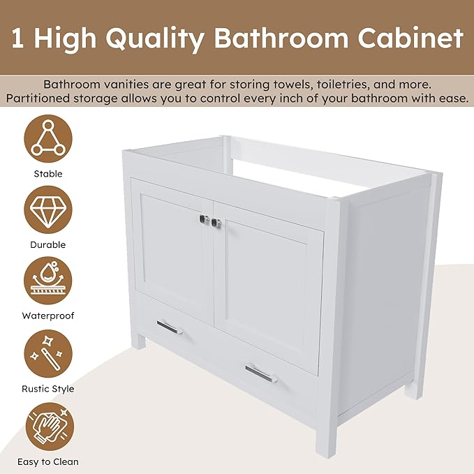 Montary 42" Bathroom Vanity Without Sink, Modern Stylish MDF Bathroom Storage Cabinet, Freestanding Vanity with 2 Doors and One Large Divided Drawer, White (NOT Include Sink)