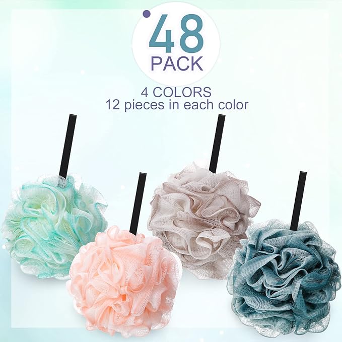 Shellwei 48 Pack Bath Sponge Shower Loofahs Bulk Pack 50g Soft Net Body Scrubber Shower Pouf Sponge Ball Body Mesh Pouf Exfoliating Bath Scrunchies for Men and Women
