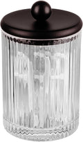 SheeChung 1Pack Glass Qtip Holder - Apothecary Jar Bathroom Organizer with Metal Lid - Small Vanity Canister for Cotton Swabs, Rounds, Floss Picks - Bathroom Glass Jar（Bronze Ribbed）
