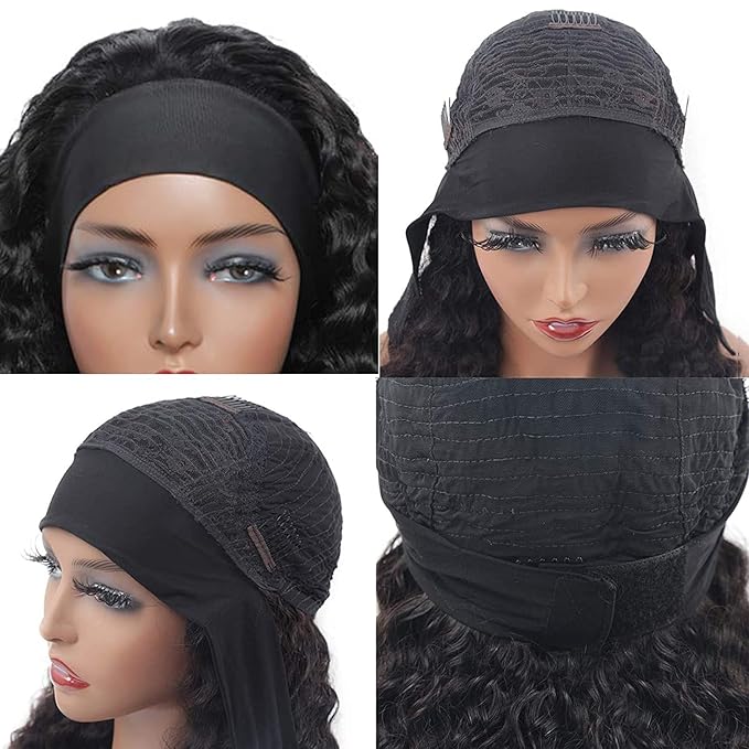 Aiterina Headband Wig Human Hair Deep Wave Headband Wigs for Black Women 24 inch Glueless Headband Wig Brazilian Virgin Hair None Lace Front Wigs Machine Made Headband Wigs