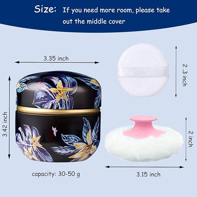 Body Powder Puff and Container for Dusting Powder, Women Powder Puff and Powder Case for Bath and Travel (Procumbens Flowers)