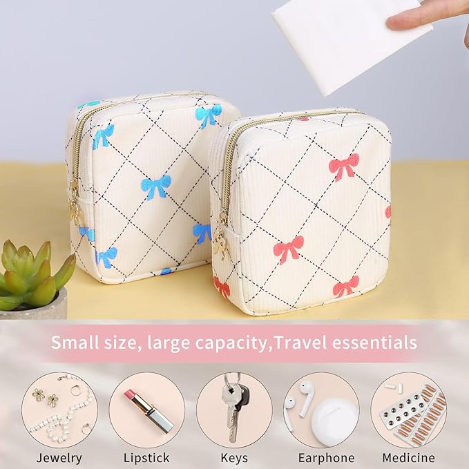 Teircno Period Bag for Women - Cute Corduroy Sanitary Napkin Storage Bag with Bow Design | Period Pouch for Daily Use, Travel | Discreet Menstrual Pouch | Pad Bags for Period Holds Pads, Tampons