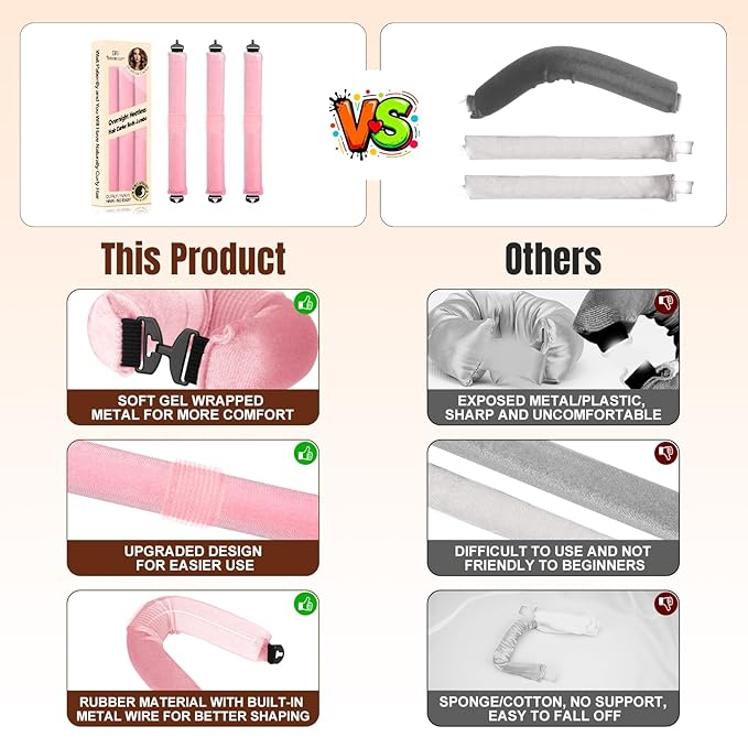 BLAAROOM Overnight Heatless Hair Curler Satin Jumbo Flexi Overnight Curls Blowout Rods 3pcs No-Heat Styling Tools Curling Rod to Sleep in for All Hair Types - Pink