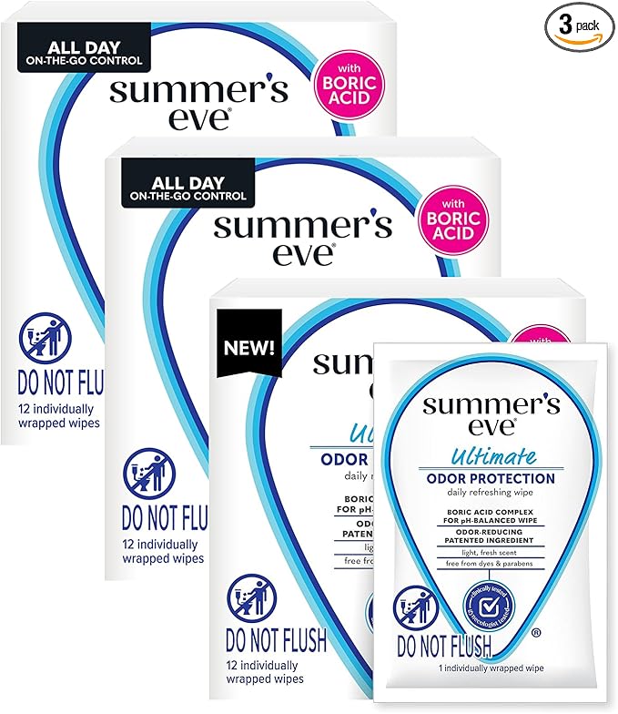 Summer's Eve Feminine Wipes, 12 ct (Pack of 3) | Ultimate Odor Control | Boric Acid | pH Balance | On-the-go