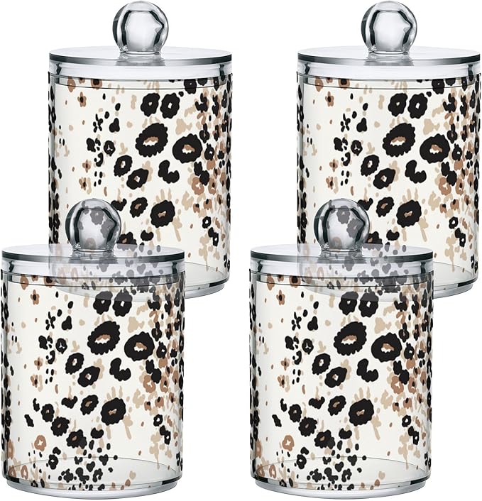 2 Pack Qtip Holder Dispenser for Cotton Ball Brown Floral Leopard Print Cotton Swab Round Pads Clear Plastic Acrylic Jar Set Bathroom Canister