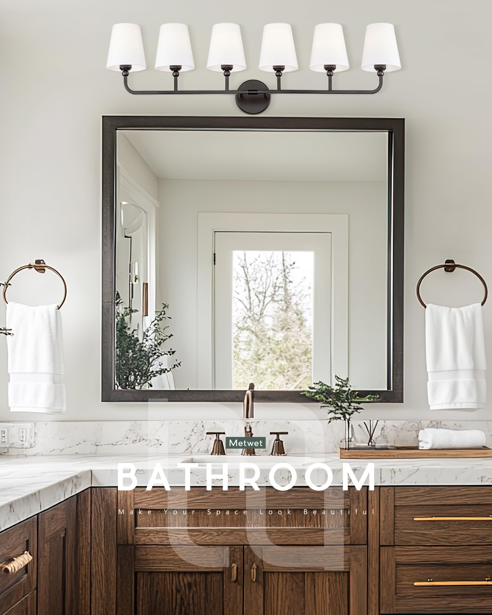 METWET 6-Light Matte Black Bathroom Vanity Light, White Fabric Shades