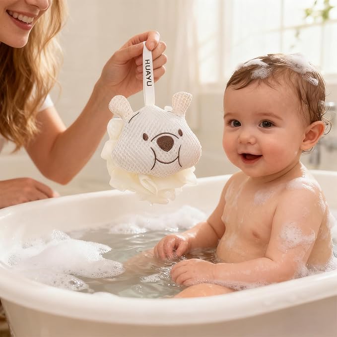 Kids Loofah, Cute Cartoon Animal Kids Bath Sponge with Hanging Rope, Soft Double Mesh for Rich Lather (Little Orange Rabbit)