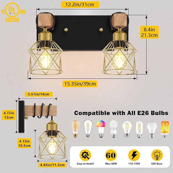 FadimiKoo Rustic Style Wood Bathroom Wall Sconces, 2-Light Black Gold Bathroom Vanity Light Fixtures with Metal Shade, Light Fixtures Wall Mount for Living Room, Hallway, Dressing Table