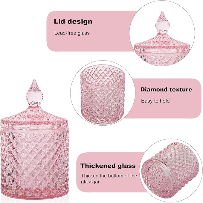 2 Pack Qtip Holder Apothecary Jars with Lid, Thick Glass, Pink