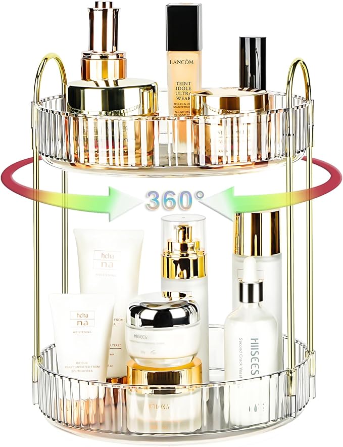 Niluks 360 Rotating Makeup Organizer - Large Capacity Spinning Perfume & Cosmetic Skincare Holder for Countertop (Pearl White, 2 Tier)