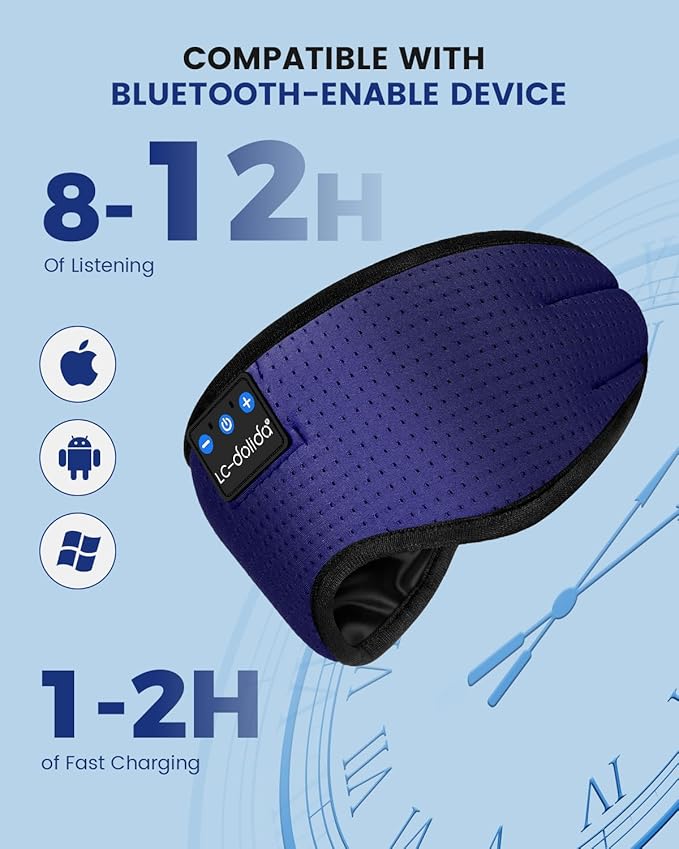 LC-dolida Sleep Headphones, Sleep Mask Bluetooth Wireless Music Eye Mask, Sleeping Headphones for Side Sleepers Sleep Mask with Bluetooth Headphones Ultra-Thin Stereo Speakers Perfect for Sleeping