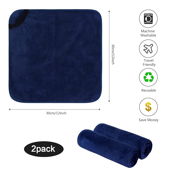SINLAND Microfiber Facial Cloths Fast Drying Washcloth 12inch x 12inch (Pack of 2, Navy Blue)
