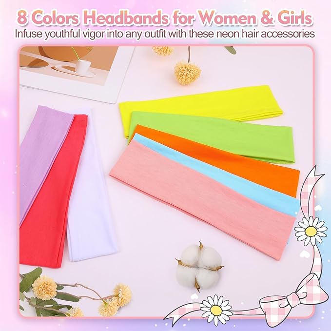 8Pcs Headbands for Women Girls Valentines Day Gifts, Stretchy Soft Neon Head Bands Gift Set Woman Gift for Her Fashion Hair Accessories hairband Galentines Gifts Christmas Easter Basket Stuffers