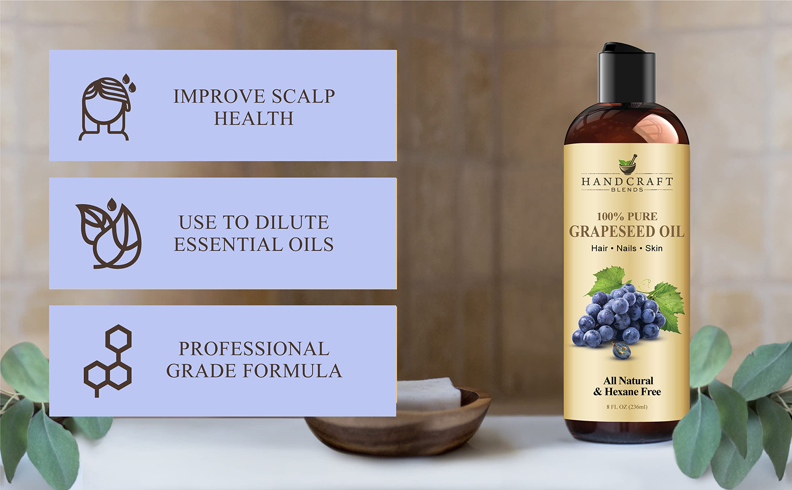Handcraft Blends Grapeseed Oil | 100% Pure and Natural | Bath & Body Oil | Premium Grade Carrier Oil | Skin | Hair | Body | Massage | Cold-Pressed | Hexane-Free | 8 Fl Oz