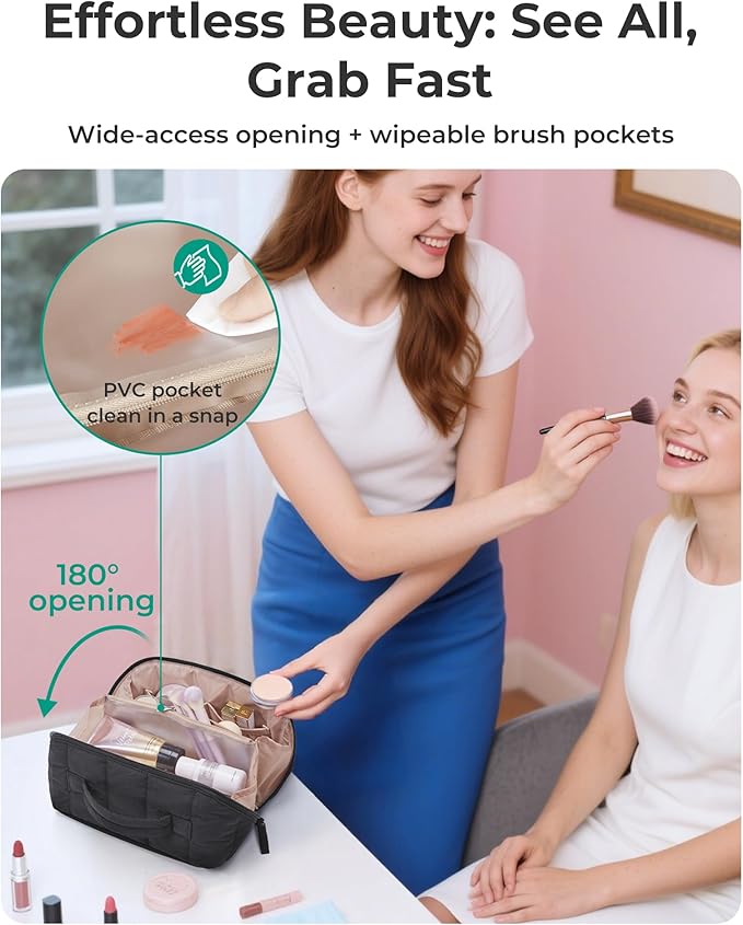 BAGSMART Travel Makeup Bag for Women, Portable Water-resistant Cosmetic Case, Puffy Padded Make Up Organizer Pouch, Open Flat Toiletry Bag for Toiletries, Brushes, Checkred Green
