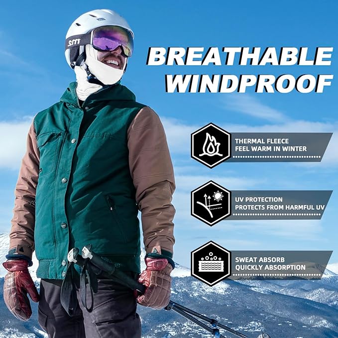 ROCKBROS Cold Weather Balaclava Ski Mask for Men Windproof Thermal Winter Scarf Mask Women Neck Warmer Hood for Cycling (White)