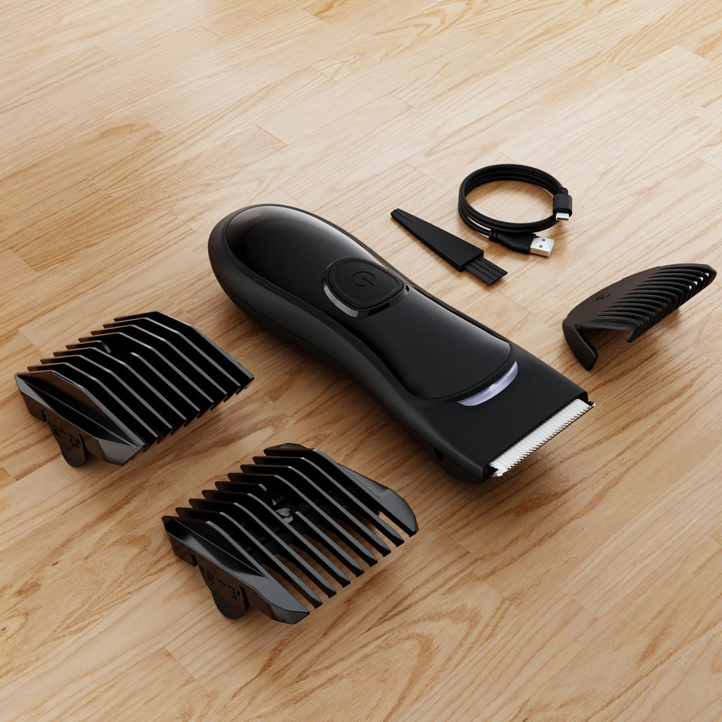 Beard and Body Trimmer for Men with Ceramic Blade, Waterproof, with 3 Guide Combs(1.5/3/6/9/12mm), Multifunction Electric Razor for Men & Pubic Shaver, LED Display, Travel Lock, Black