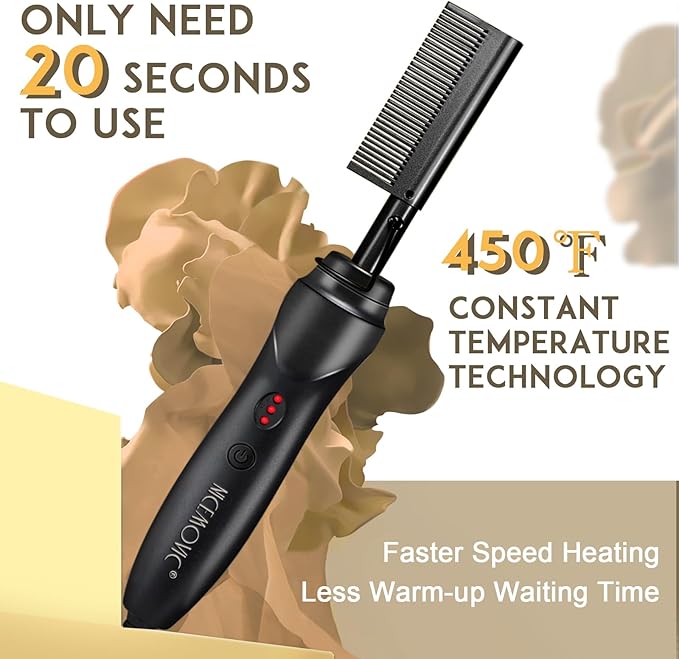 NICEMOVIC Ceramic Heating Hair Straightener Comb - Hot Pressing Brush for Natural Black Hair, Beard Wigs, and Curling (Black)