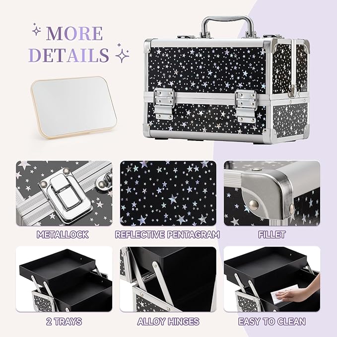 Leeora&Leekoo Makeup Train Case Cosmetic Box Portable Makeup Case Organizer 2 Trays Makeup Storage for Cosmetologist Aesthetic Supplies Nail Tech Traveling Makeup Box (Flashing Star)