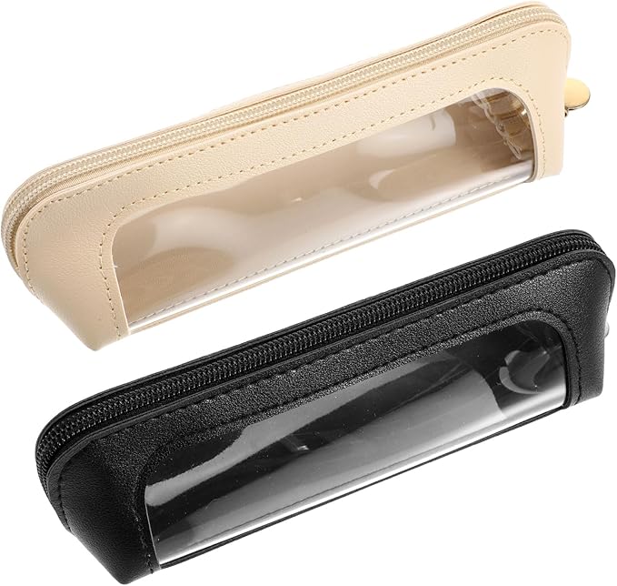 Kifmurase 2Pcs Clear Makeup Brush Bag, Leather Slim Makeup Case, Portable Transparent Waterproof Cosmetic Pouch with Zipper, Double Sided Clear Bag for Women Travel Storage (White, Black)