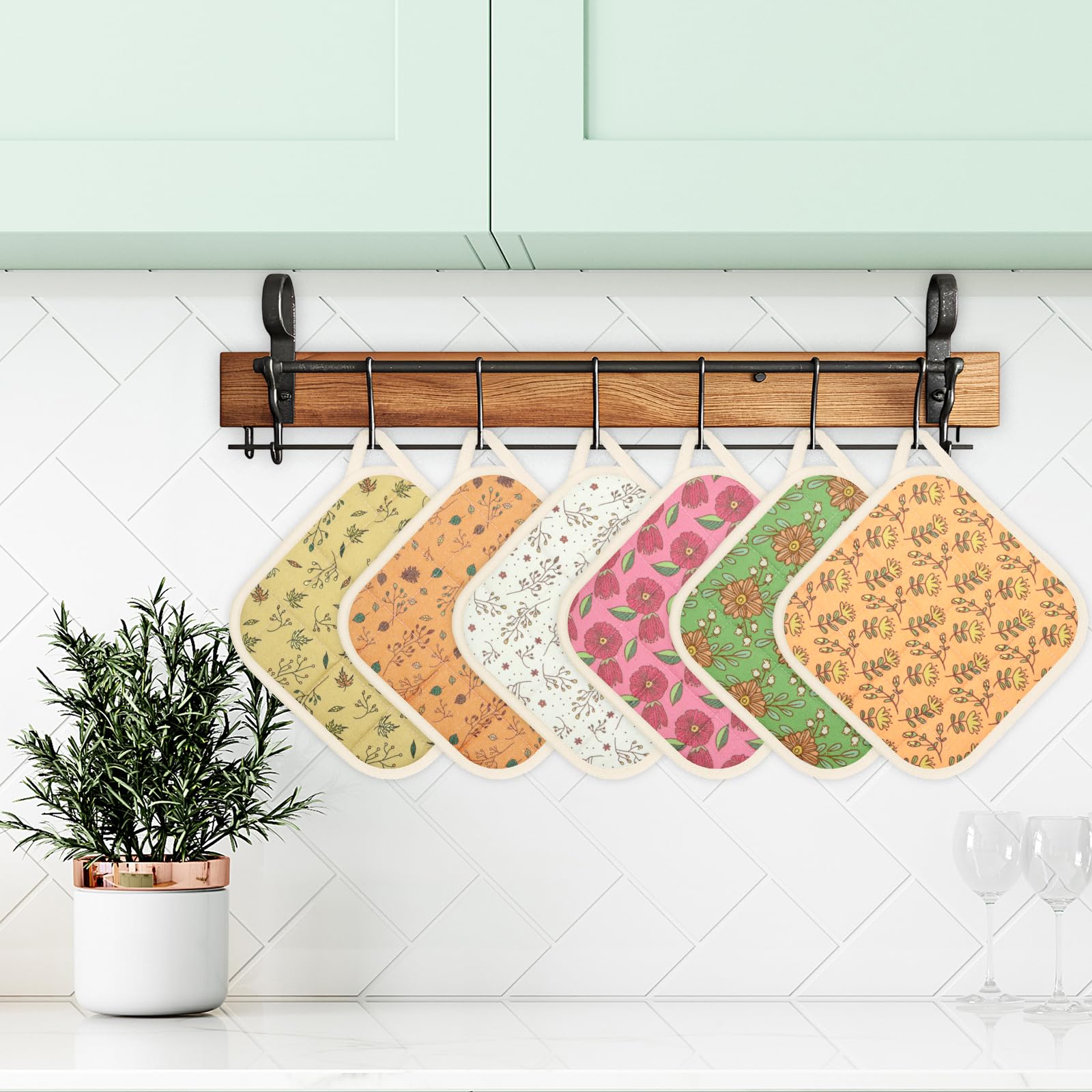 6 Pack Pot Holders 100% Cotton Heat Resistant Potholder, Machine Washable Pot Holder, Hot Pads, Table Pads for Cooking Baking (H)