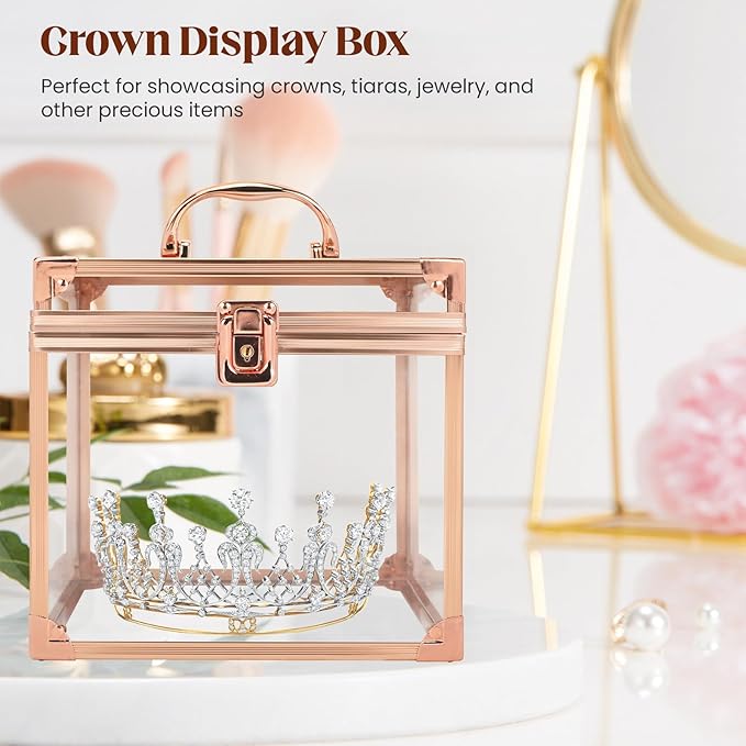 Donghome Crown Box 7.9 x 6.7 x 7.5inch, Clear Makeup Case,Cosmetic Organizer, Large Capacity Transparent Acrylic Artists Display Case for Vanity,Bathroom Counter or Dresser (Rose Gold)