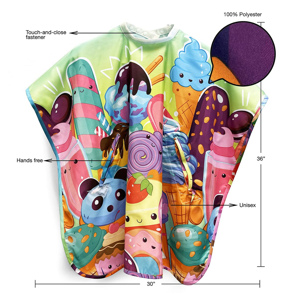 Betty Dain Kids Haircut Styling Cape, Sugar Rush Print, Hands Free, Youthful Design, Perfect Size for Children, Water & Stain Resistant Lightweight Nylon, Snap Closure, 30 inches Wide x 36 inches Long