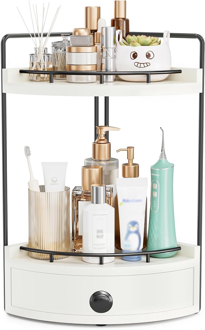 Aollewoiti 2-Tier Corner Bathroom Counter Organizer with Drawer, White