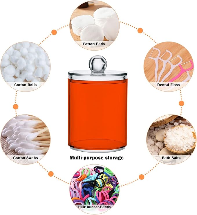 Orange Red Qtip Holder Organizer Dispenser Cotton Swabs Cans Plastic Jars with Lid Set 4 Pack Bathroom Storage Canister for Cotton Ball Floss Cotton Pads
