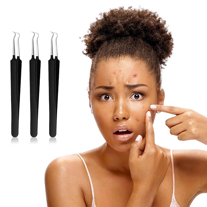 Honoson 3 Pcs Blackhead Tweezer Stainless Steel Pimple Tweezers Tool for Remove Zit Whitehead Pimple Bend Curved Extractor Tweezer Skin Blackhead Remover Tools(Black)