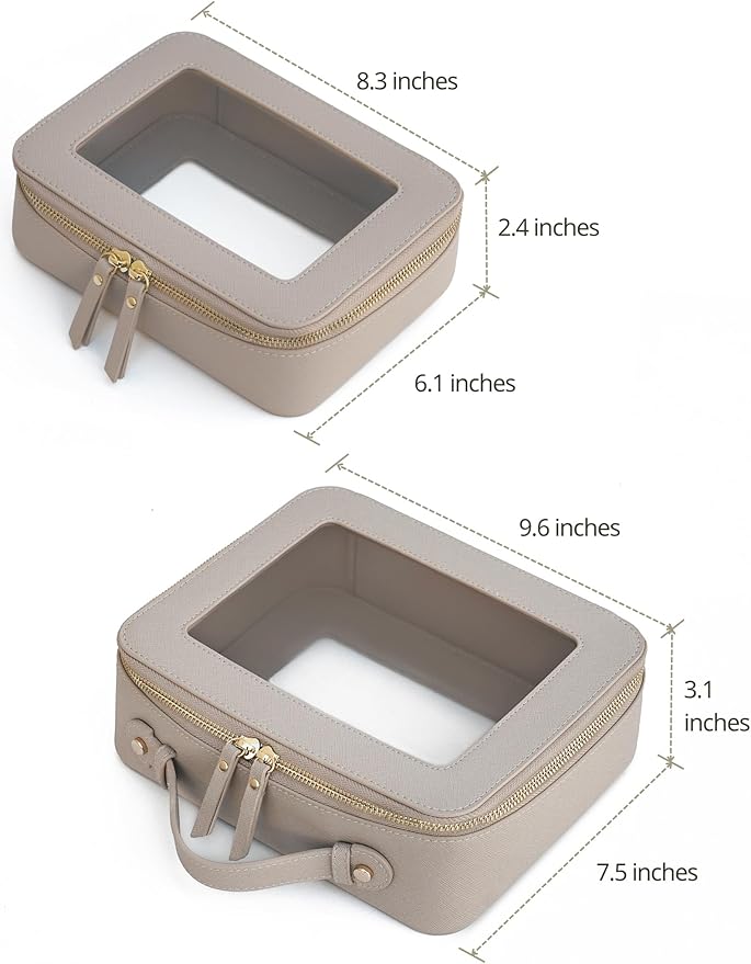 Popvibe Clear Makeup Bag Set 2 Pack Travel Cosmetic Case Toiletry Bag with Zipper Make Up Case Traveling, Stone, Medium and Large