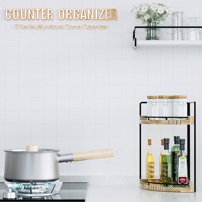 CeleVista Corner Bathroom Counter Organizer, 2 Tier Wood Vanity Storage, Waterproof Skincare Shelf for Kitchen & Toiletries Decor, Dresser (Rustic-2 Tier)