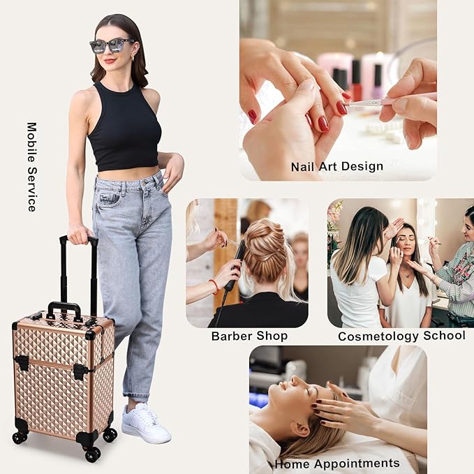 Stagiant Rolling Makeup Train Case Cosmetology Case on Wheels Travel Cosmetic Suitcase Trolley Makeup Luggage Storage Box 4 Tray with Lock Middle Layer Salon Nail Tech Cart Traveling Tattoo Case