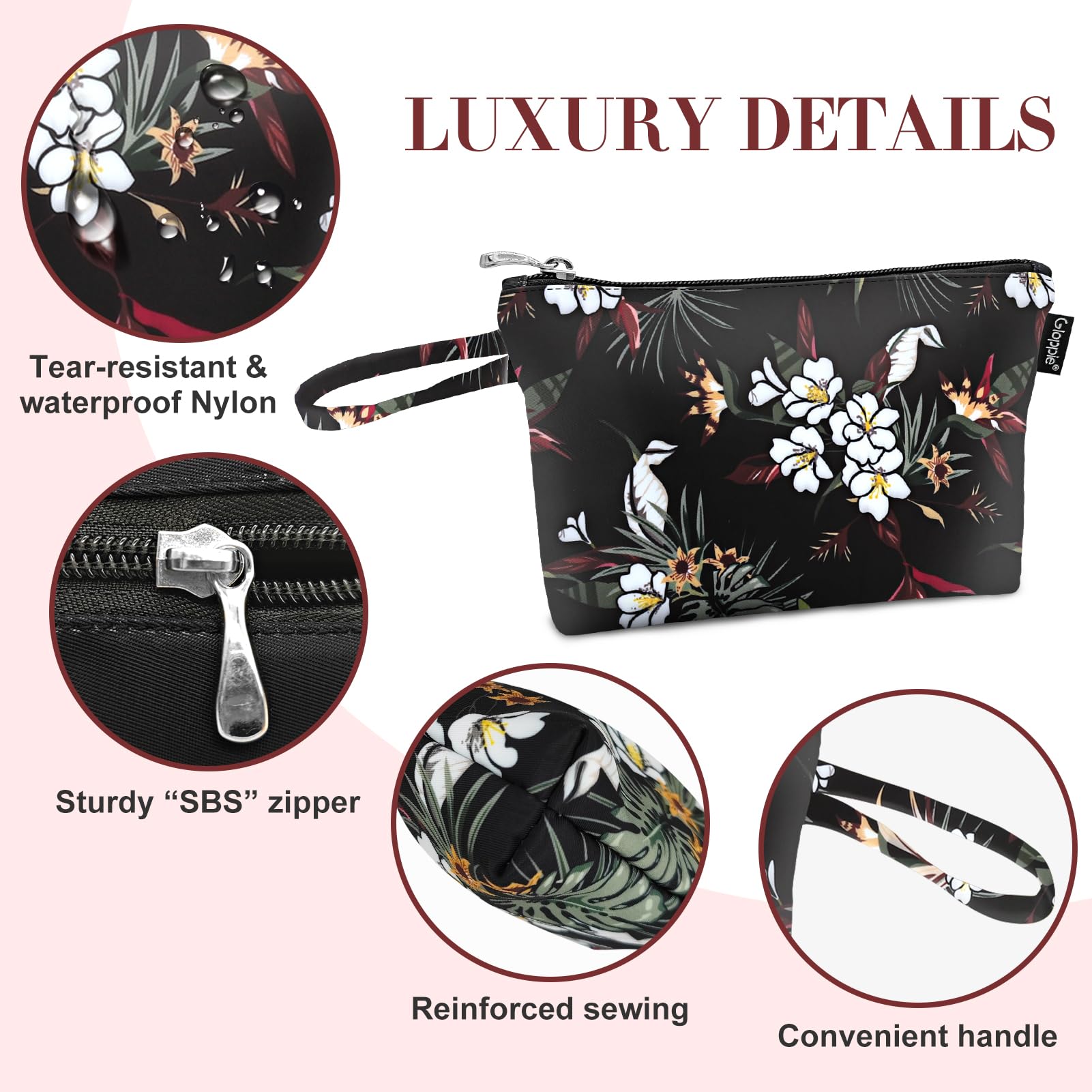 Gloppie Makeup Bag Small Cosmetic Bag for Purse Portable Travel Makeup Pouch for Women White Flower