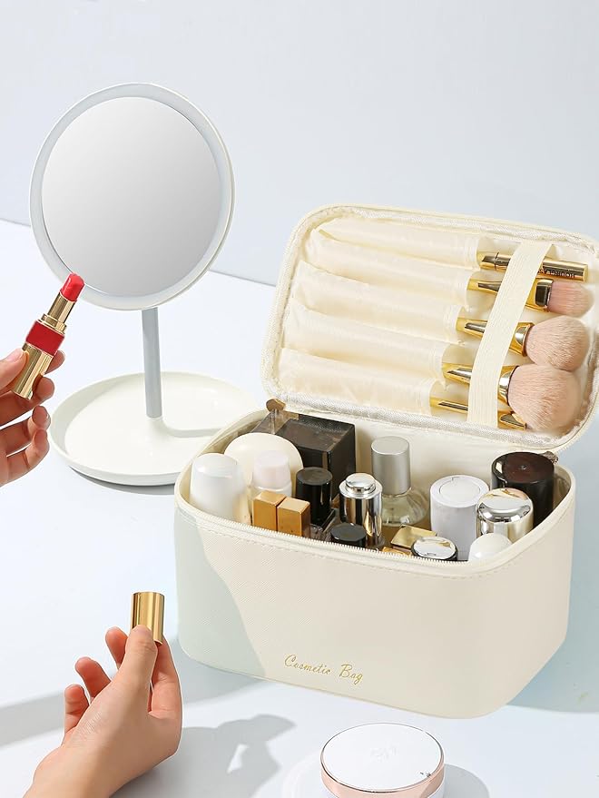 Meiyuuo Travel Makeup Bag for Women, PU Leather Cosmetic Bag, Beige