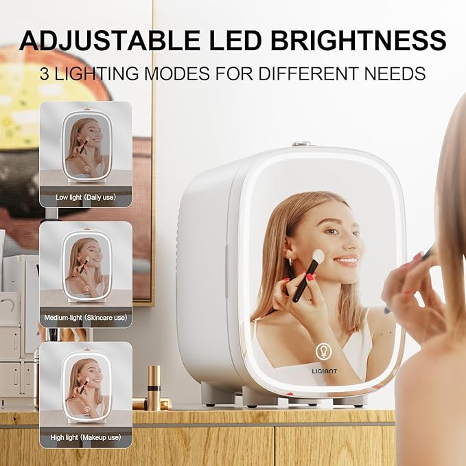 LIGIANT Mini Fridge for Bedroom, 4L/6 Can Mini Makeup Fridge, Small Refrigerator w/3-Level Dimmable LED Light Mirror, Low Noise Fridge, Portable Thermoelectric Cooler&Warmer for Skincare