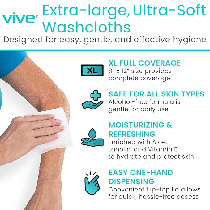 Vive Disposable Washcloths for Adults & Elderly (12 Pack - 600 Count - 8"x12") – Incontinence Wipes for Men & Women – Hypoallergenic No Rinse Adult Body Wipes for Sensitive Skin – Unscented