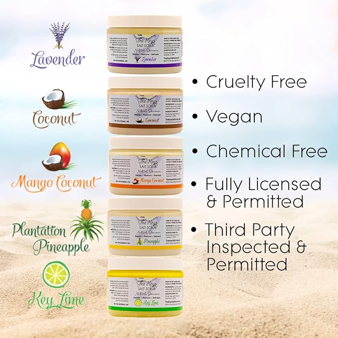 The Keys Salt Scrub -Sea Salt Scrub - Exfoliating Body Scrub with Wooden Spoon - Moisturizing Exfoliator for Hands, Foot, Bath, (12 Ounce (Pack of 3), Coconut)