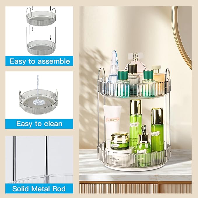 Niluks 360 Rotating Makeup Organizer, 2 Tier Lazy Susan Bathroom Counter Organizer, Skincare Organizers, Spinning Perfume Organizer & Vanity Organizer Countertop (Classic Grey, 2 Tier)
