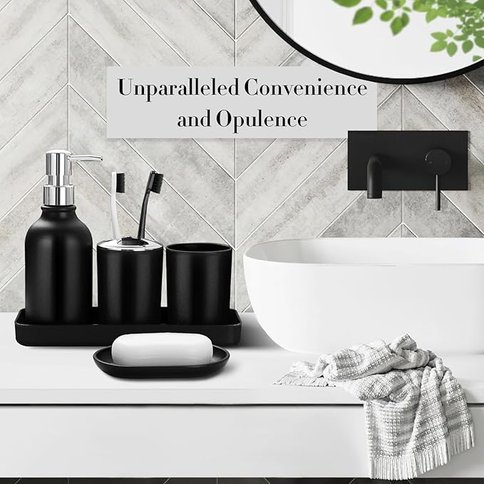 ALPIRIRAL Black Bathroom Accessories Set, 10Pcs Bathroom Accessory Set with Trash Can, Soap Dispenser and Toothbrush Holder, Soap Dish, Cotton Ball & Qtip Holder, Toilet Brush Holder, Tissue Box Cover