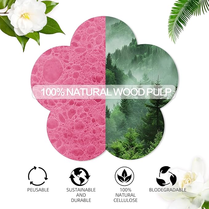 50-Count Facial Sponges Compressed Facial Sponges Natural Facial Cleansing Sponges Pads Cute Flower Shape Exfoliating Sponges for Cleansing Reusable,Best Makeup Gift, Pink