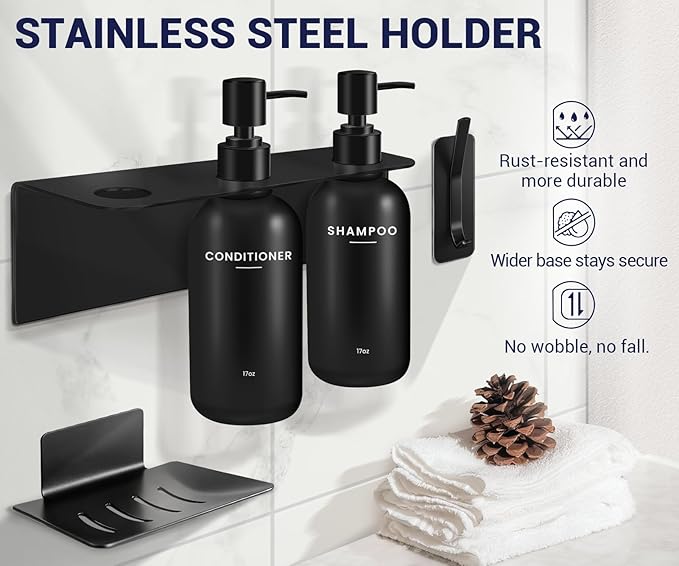 KLL Shampoo and Conditioner Dispenser Set - Shower Soap Dispenser Wall Mounted - Drill Free 16.9 fl oz Set of 3 Plastic Pump Bottles and Soap Holder - Shampoo Dispenser, Shower Dispenser - Black