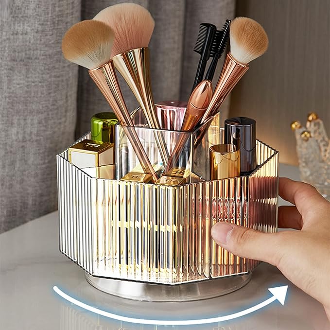 LINFIDITE 360°Rotating Makeup Brush Holder Cosmetic Display Case Clear Makeup Lip Gloss Organizer Case with 5 Slots Round Turntable Storage Tray for Vanity, Bathroom, Counter Organizer Clear White