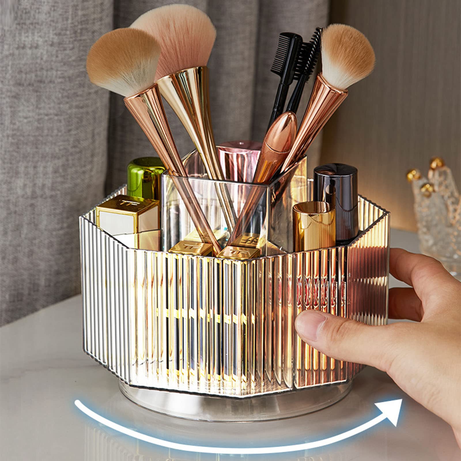 LINFIDITE 360°Rotating Makeup Brush Holder Cosmetic Display Case Clear Makeup Lip Gloss Organizer Case with 5 Slots Round Turntable Storage Tray for Vanity, Bathroom, Counter Organizer Clear White