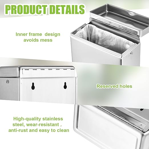 Tioncy 2 Pcs Sanitary Disposal Tampon Napkin Bathroom Receptacle Wall Mounted with Sanitary Receptacle Liner Frame Holder Stainless Steel Mini Bin Restroom Commercial Small Space (Natural Color)