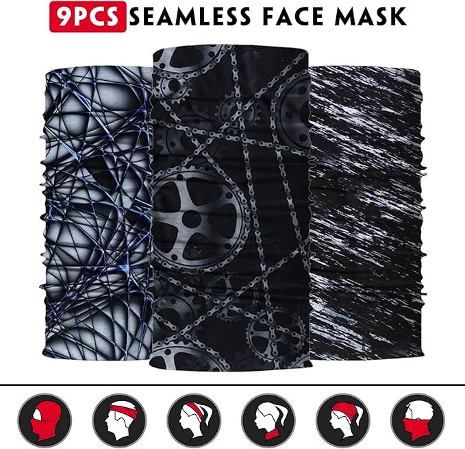 Venswell Neck Gaiter Mask for Men Women, Seamless Bandana Rave Face Cover Mask, Magic Face Scarf, Balaclava,Headband, Head Wrap-Motorcycle Cycling Festival Outdoors (B-Black Gray Series 2)