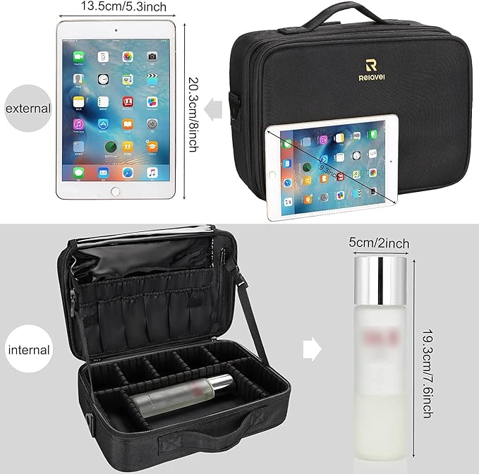 Relavel Makeup Bag Travel Makeup Train Case Large Cosmetic Case Professional Portable Makeup Brush Holder Organizer and Storage with Adjustable Dividers and Shoulder Strap Black