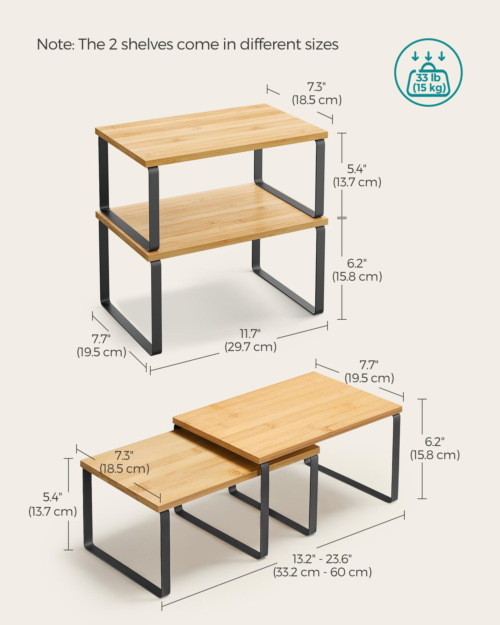 SONGMICS Cabinet Organizer Shelf, Set of 2 Kitchen Counter Shelves, Kitchen Storage, Spice Rack, Stackable, Expandable, Metal and Engineered Wood, 11.7 Inches, Ink Black and Natural Beige UKCS02NB